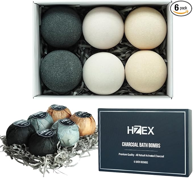 Charcoal Bath Bombs Gift Set – 6 Piece Natural Spa Fizzies with Essential Oils – Handmade Organic Moisturizing Vegan Bath Bombs for Relaxation, Detox, Stress Relief – Gifts for Men & Women