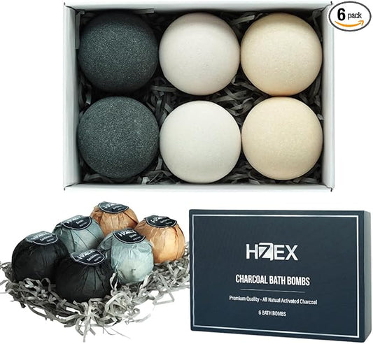 Charcoal Bath Bombs Gift Set – 6 Piece Natural Spa Fizzies with Essential Oils – Handmade Organic Moisturizing Vegan Bath Bombs for Relaxation, Detox, Stress Relief – Gifts for Men & Women