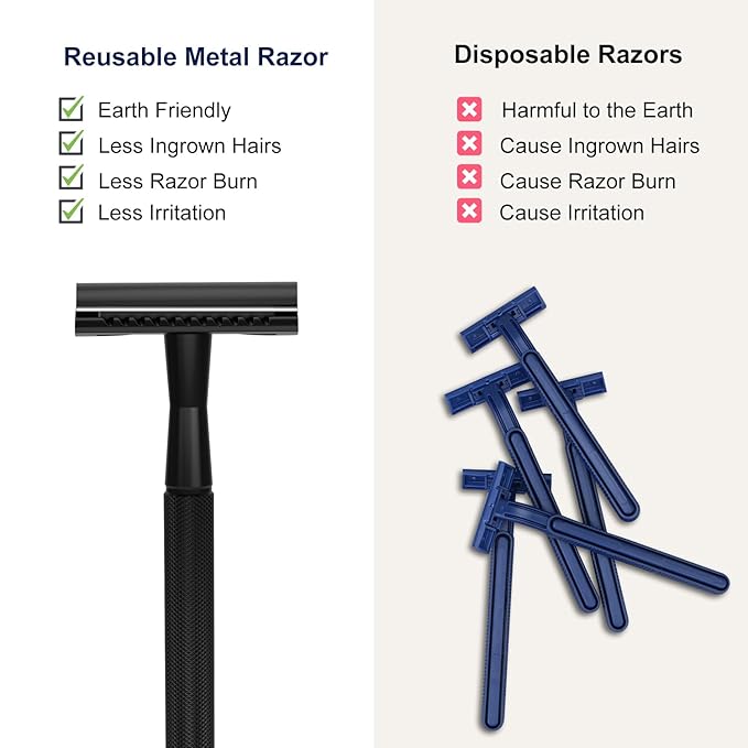 Safety Razor - Single Blade Razors for Men - Reusable Metal Razor, with 10 Double Edge Blades, Smooth Close Gentle Shave, Plastic Free, Matte Black