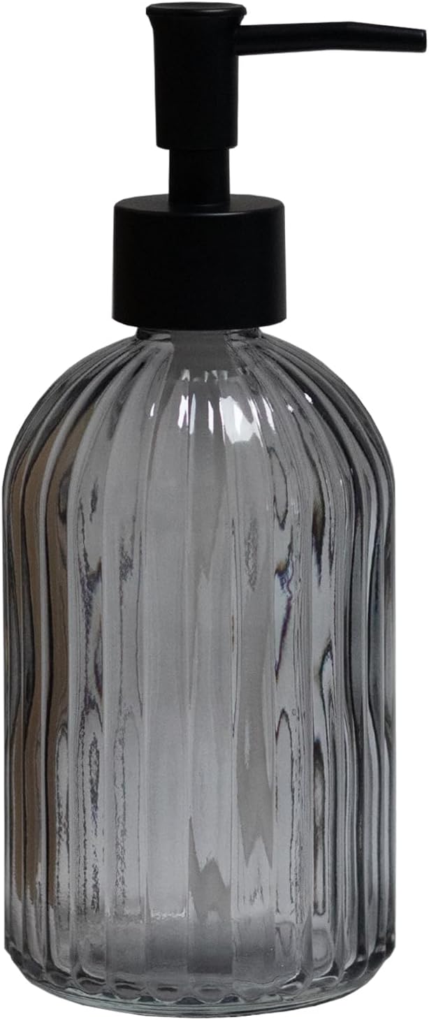 Grey Glass Soap Dispenser with Black Plastic Pump, 13.5oz Refillable Liquid Hand Soap Dispenser, Lotion Dish Soap Dispenser for Modern Home Decor, Bathroom, Kitchen Countertop, Hotel