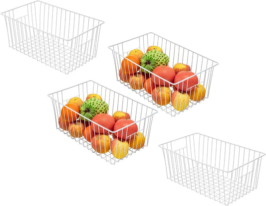 16Lx12Wx6H inch Wider Freezer Organizer Baskets Container, Refrigerator Metal Wire Storage Bins with Handles for Kitchen, Pantry, Cabinet, Closets - Pearl White（4 Packs