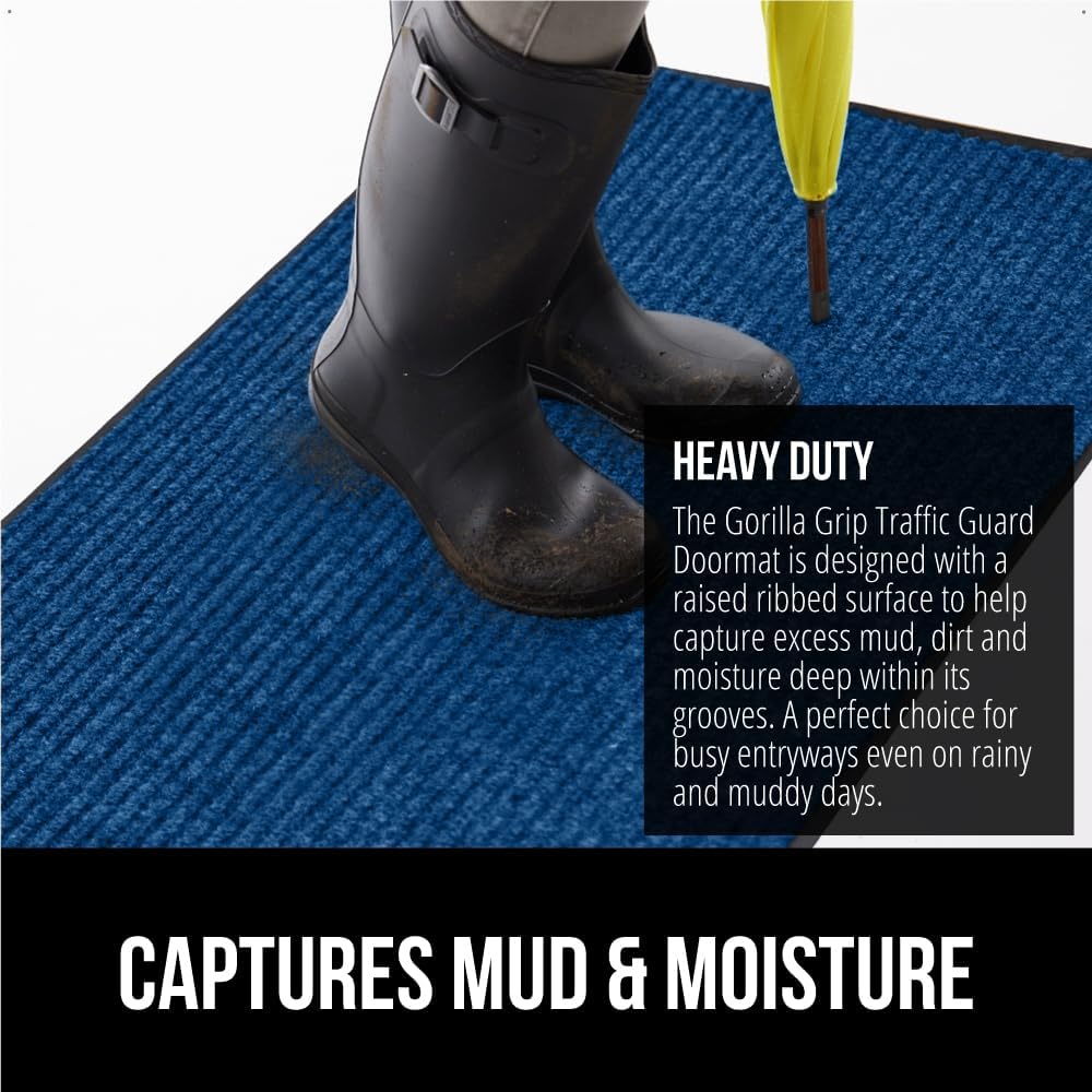 GORILLA GRIP Traffic Guard Door Mat, 47x35, Heavy Duty Welcome Mats, Commercial Office Space Doormat, Waterproof, Fade Resistant, Strong Rubber Backing, Low Profile, Shoe and Boot Scraper, Blue