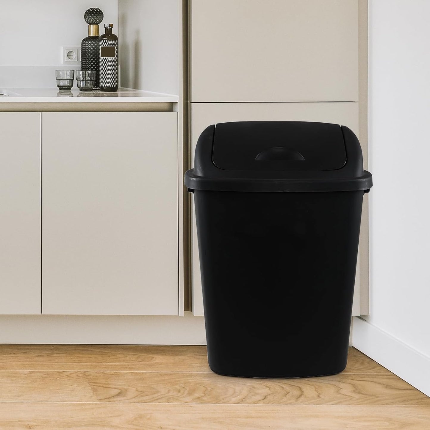 4 Pack Plastic Swing-Top Trash Can, 10 Gallon Plastic Kitchen Trash Can with Swing Lid, Black