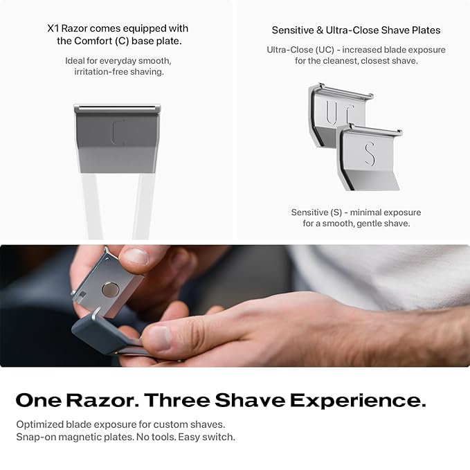 HYPE X1 Safety Razor Custom Pro Set - Magnetic Comfort (C), Sensitive (S) & Ultra-Close (UC) Shave Settings, 20 Non-Proprietary Blades - Single Blade Gentle Shaving Razors For Men and Women - Silver