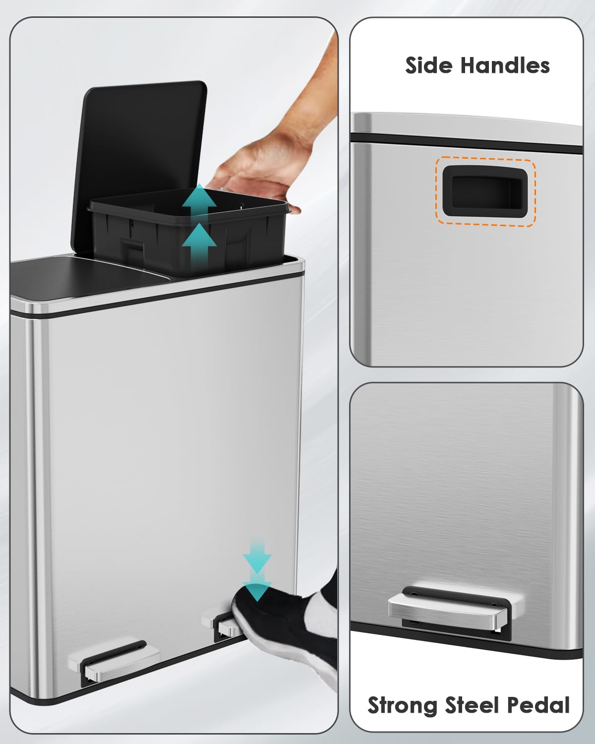 Arlopu 16 GallonStainless Steel Trash Can, 60L Dual Compartment, Metal Kitchen Step Recycle Bin, Metal Double Dustbin, in-Home Garbage Rubbish Can W/Removable Liner Buckets (Silver)