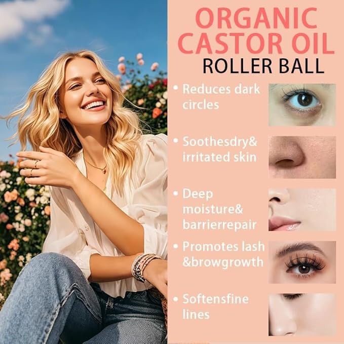 Organic Castor Oil with Rose Quartz Roller, Cold-Pressed Pure Organic Castor Oil Roller Ball for Hair Growth, Eyelashes, Eyebrows & Skin 1pcs