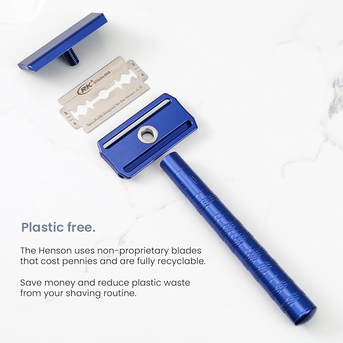 Henson Shaving Razor - Steel Blue Double Edge Safety Razor with 5 Spare Blades - 30° Angled Precision With Superior Blade Rigidity- Reusable Single Blade Razors For Men and Women - Mild Aggression