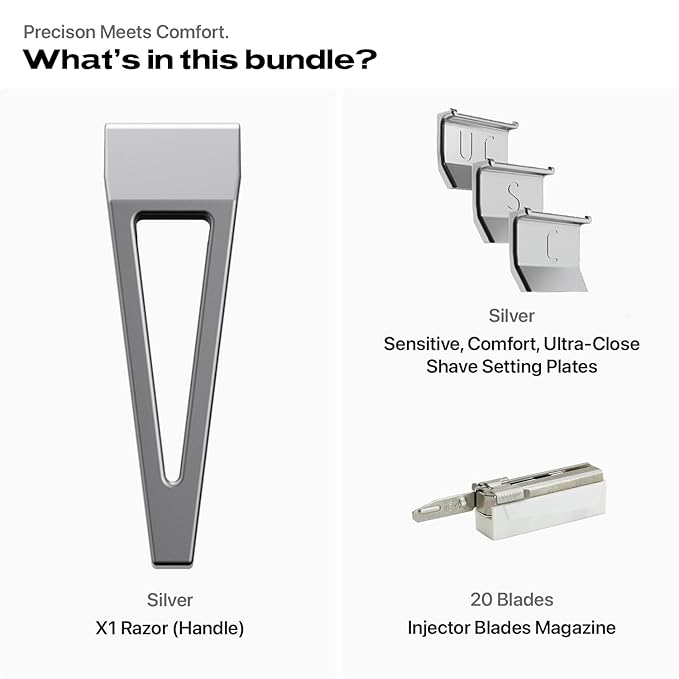 HYPE X1 Safety Razor Custom Pro Set - Magnetic Comfort (C), Sensitive (S) & Ultra-Close (UC) Shave Settings, 20 Non-Proprietary Blades - Single Blade Gentle Shaving Razors For Men and Women - Silver