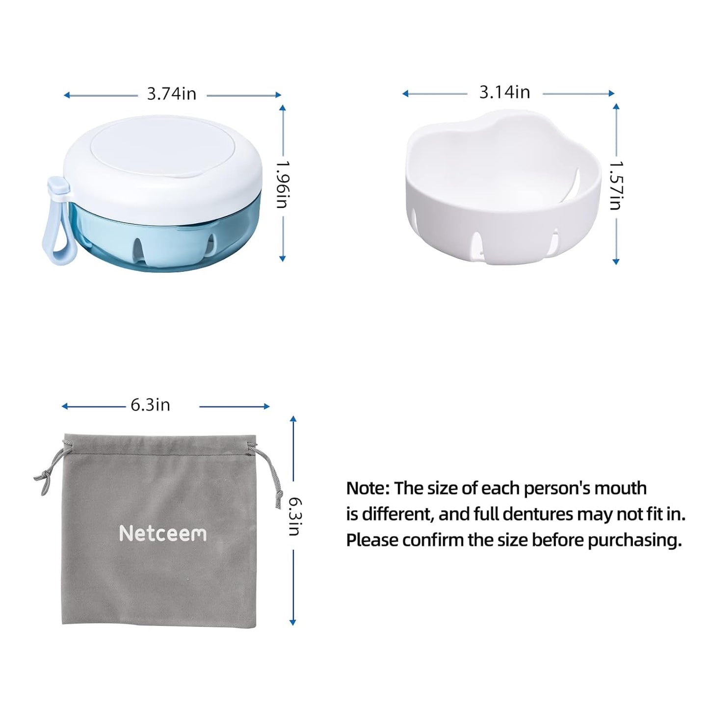Leak Proof Denture Cup Kit Portable Retainer Case Perfect for Travel, Denture Case Container Cleaning Care for Dentures Aligner Mouth Guard with Denture Brush,Strainer, Removal Tool and Mirror