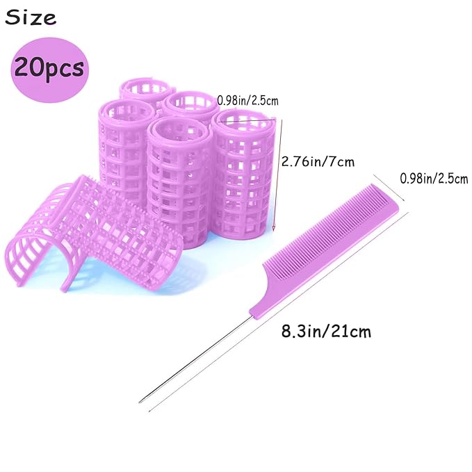 20PCS Plastic Hair Rollers Set 2.5cm/1in Heatless Rollers Hair Curlers Snap on Rollers Self Grip Rollers Hairdressing Curlers Tools for DIY Hairdressing Hair Salon (Purple)