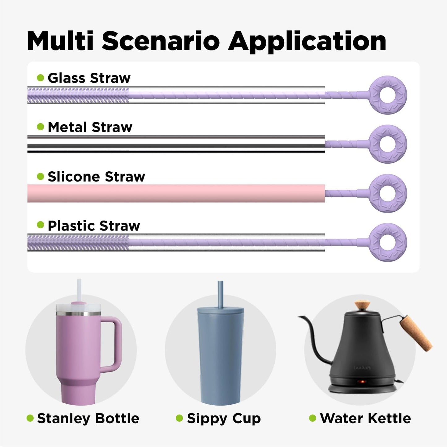 2 Pcs Silicone Straw Cleaner Brush, Extra Long Cleaning Brushes for Straws, 6mm&9mm, Purple