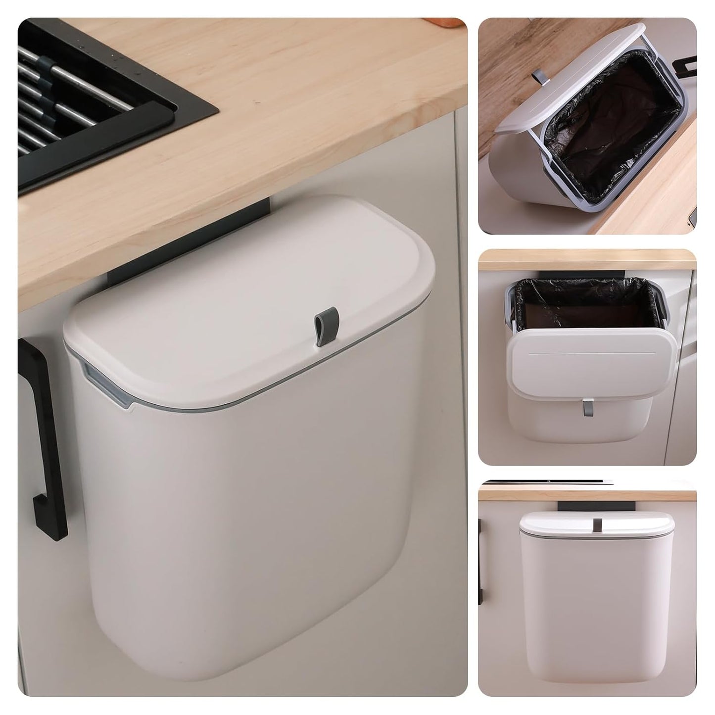 2.4 Gallon Kitchen Compost Bin Hanging Small Trash Can with Lid Under Sink Dual Installation & Triple-Seal Technology, Odorless Kitchen/Bathroom/Office Trash Can for Home, RV