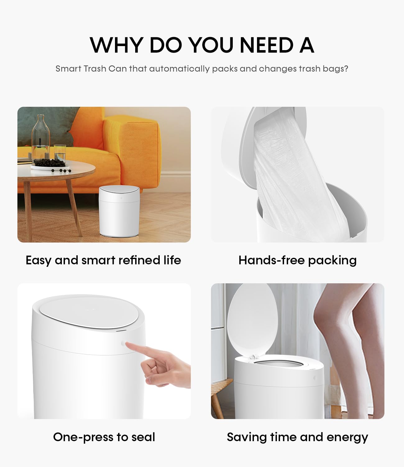 TOWNEW T AIR ONE Smart Trash Can, 2.6 Gallon Automatic Garbage Can with Self-Sealing and Self-Changing, Motion Sense Activated Rechargeable Trashcan for Living Room Bedroom Workshop Kitchen, White