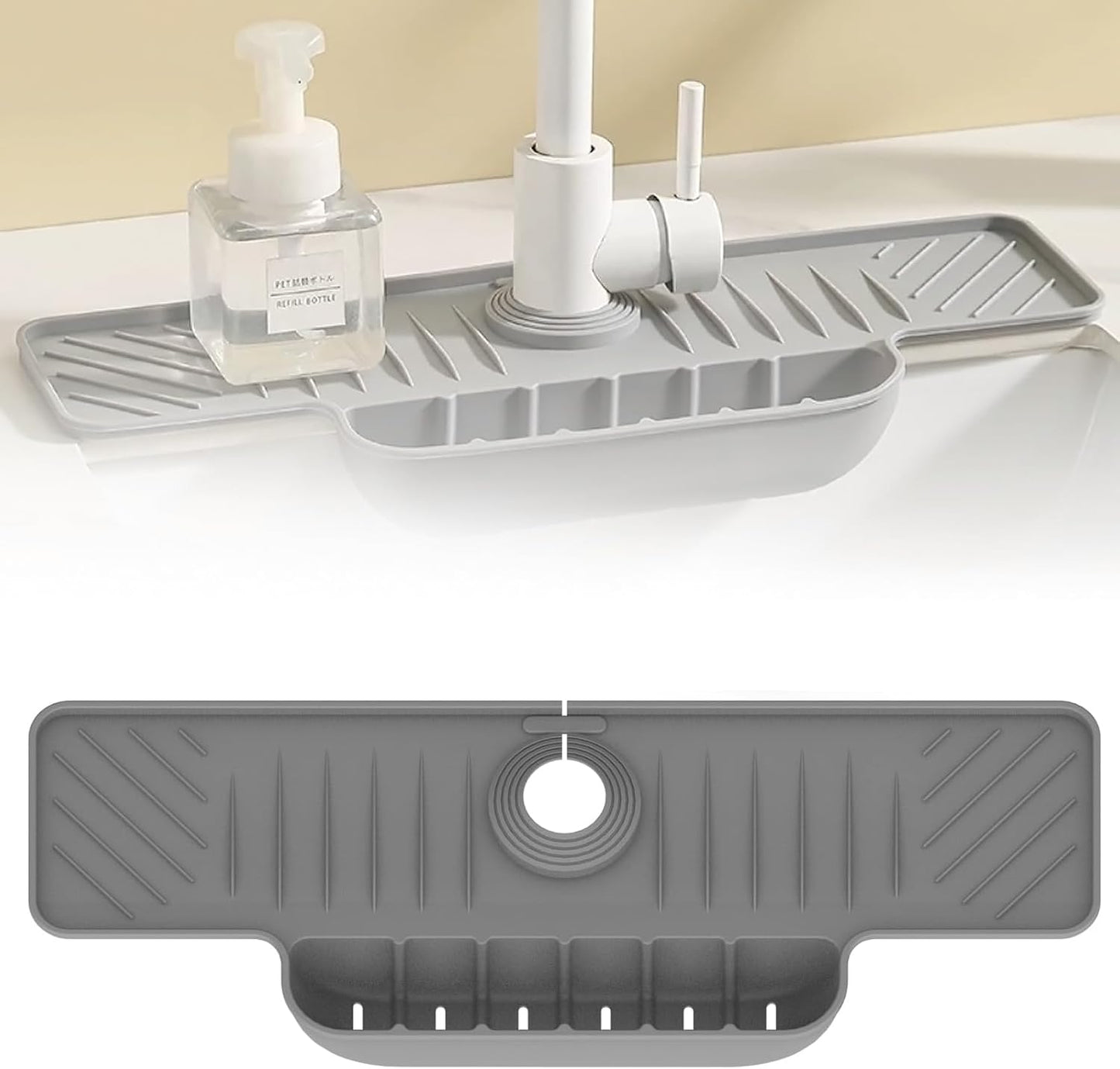 Silicone Faucet Mat with Sponge Holder, Sink Splash Guard, Faucet Draining Mat for Kitchen Bathroom, 5° Slope Split-flow Drainage, Sink Dry and Tidy Organizer, Gray