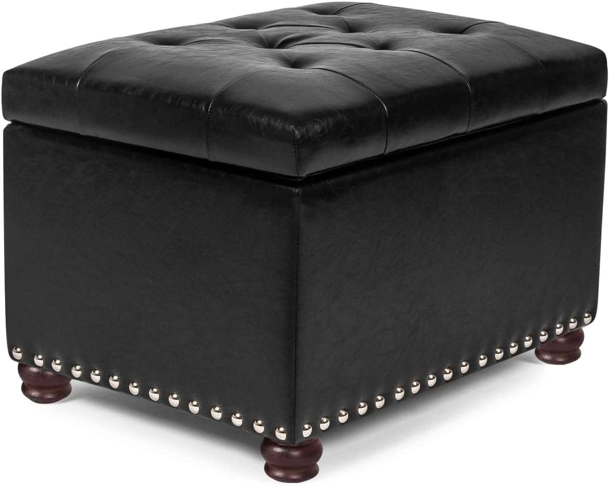 24'' Leather Storage Ottoman Rectangular Foot Rest Stool with Nailhead Trim Toy Chests & Storage Room Organizer for Bedroom Living Room(Black)
