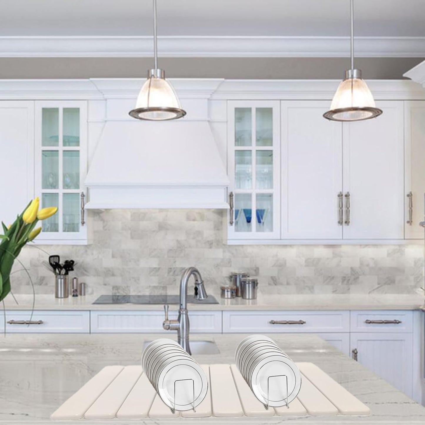 Large Stone Dish Drying Mat for Kitchen Counter, 23.6"(L)×15.4"(W), Foldable Diatomaceous Earth Dish Drying Mat, Collapsible Quick Dry Pad for Dishes Bottles Cups Bathroom Any Countertop