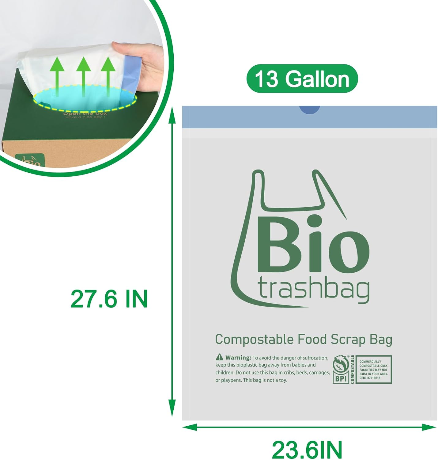 13 Gallon Compostable Trash Bags, 100 Count Biodegradable Drawstring Compost Food Waste Bags, Heavy Duty 1 Mil, 49.2 Liter, Tall Kitchen Large Garbage Bags, US BPI and Europe OK Compost