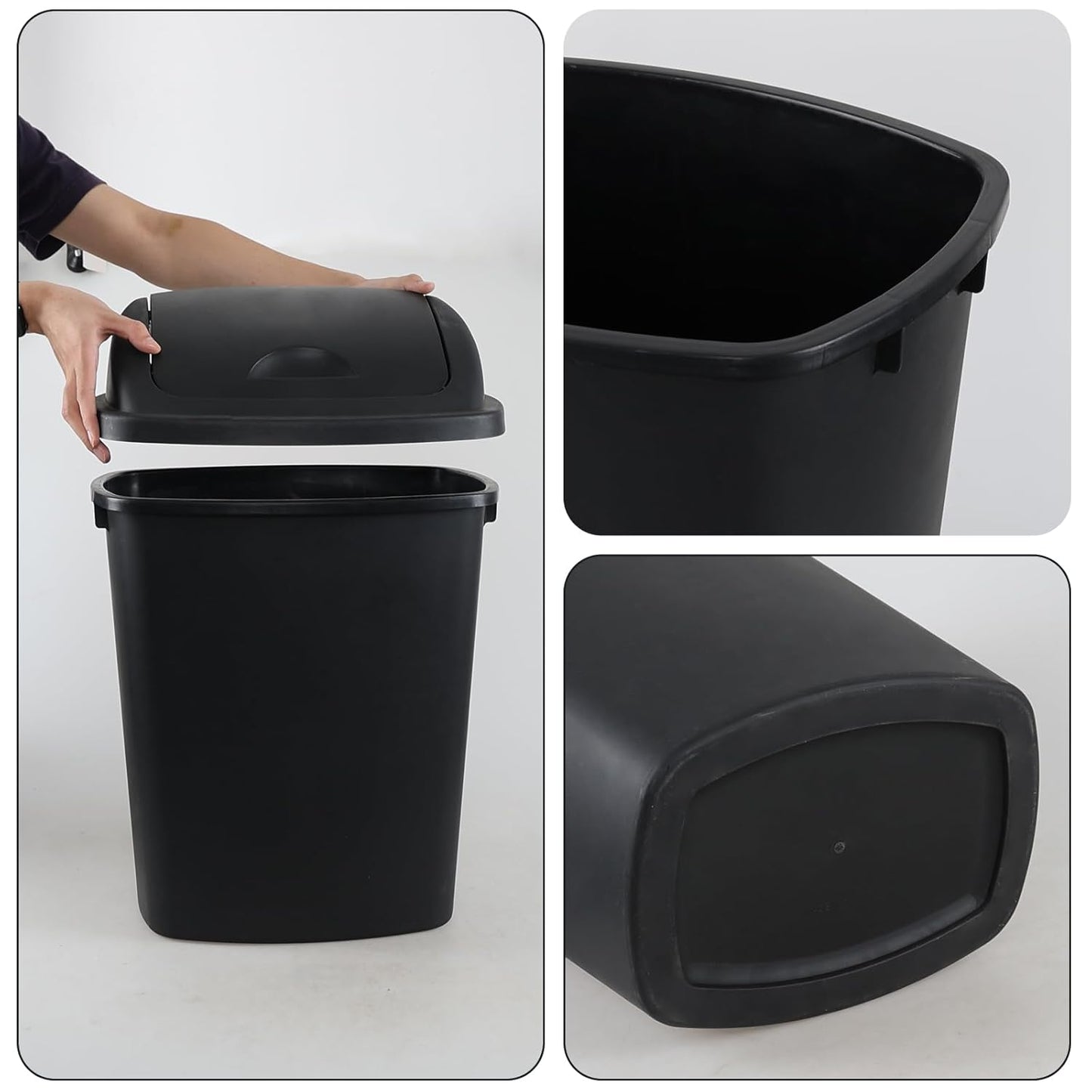 10 Gallon / 40 L Swing Lid Kitchen Trash Can, 4-Pack, Office, College, Classroom Garbage Bins, Plastic Waste Basket, Black