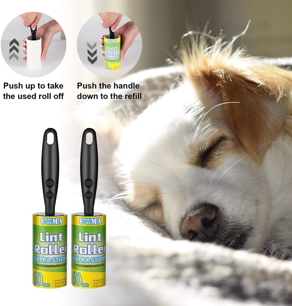 Lint Rollers for Pet Hair Extra Sticky, Pet Hair Remover Set Brush for Dog & Cat Hair Removal, Clothes, Furniture, 2 Handles with 4 Refills, 240 Total Sheets