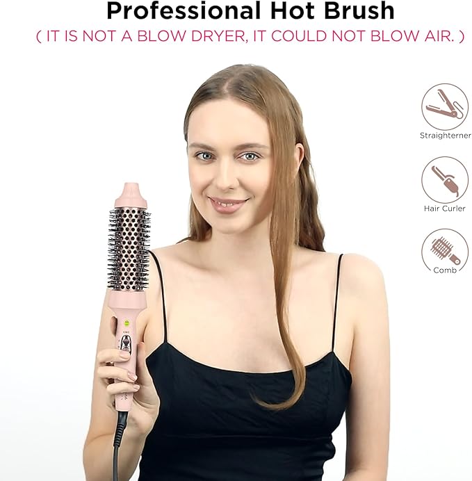 Aima Beauty Hair Curling Iron Brush, 1.5"/40mm Hot Round Brush, Create Smooth & Shiny Loose Curls, Fast Heating Thermal Brush, Dual Voltage, 60Mins Auto Shut Off, Pink
