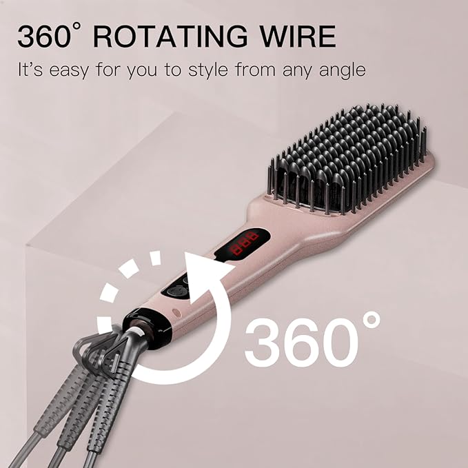 Updated 2025 MEGAWISE Hair Straightener Ceramic Brush ; Anti-Scald Dual Voltage Flat Iron Hot Brush | Rotatable Cord |Auto Shutoff | Anti-frizz |for All Hair Types (Pink)