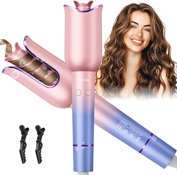Automatic Curling Iron, Auto Hair Curler with 1" Rotating Curling Iron Barrel & 3 Temps, Anti-Scald & Anti-Tangle Curler Wand, Fast Heating Auto Curler for Hair Styling, Purple Pink