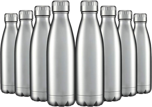 HASLE OUTFITTERS 17oz Stainless Steel Water Bottles Bulk, Vacuum Insulated Water Bottles Double Walled Reusable Metal Sports Water Bottles Keep Drinks Hot and Cold, Stainless, 8Packs