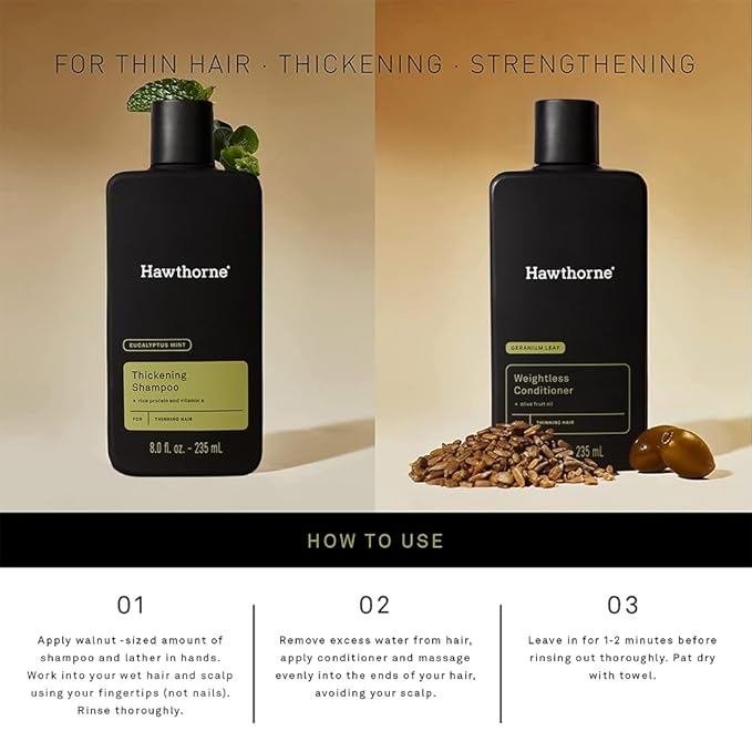 Hawthorne Thickening Shampoo and Conditioner Set. Men’s All Natural Shampoo and Conditioner Set with Thickening Shampoo and Weightless Conditioner. Sulfate Free, Paraben Free. 8 Fl Oz Each.