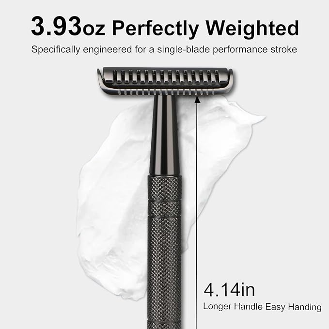 Stainless Steel Safety Razor with 10 Blades, Reusable Metal Single Blade Razors for Men, Long and Heavy Duty Handle, Smooth Close Gentle Shave, Black