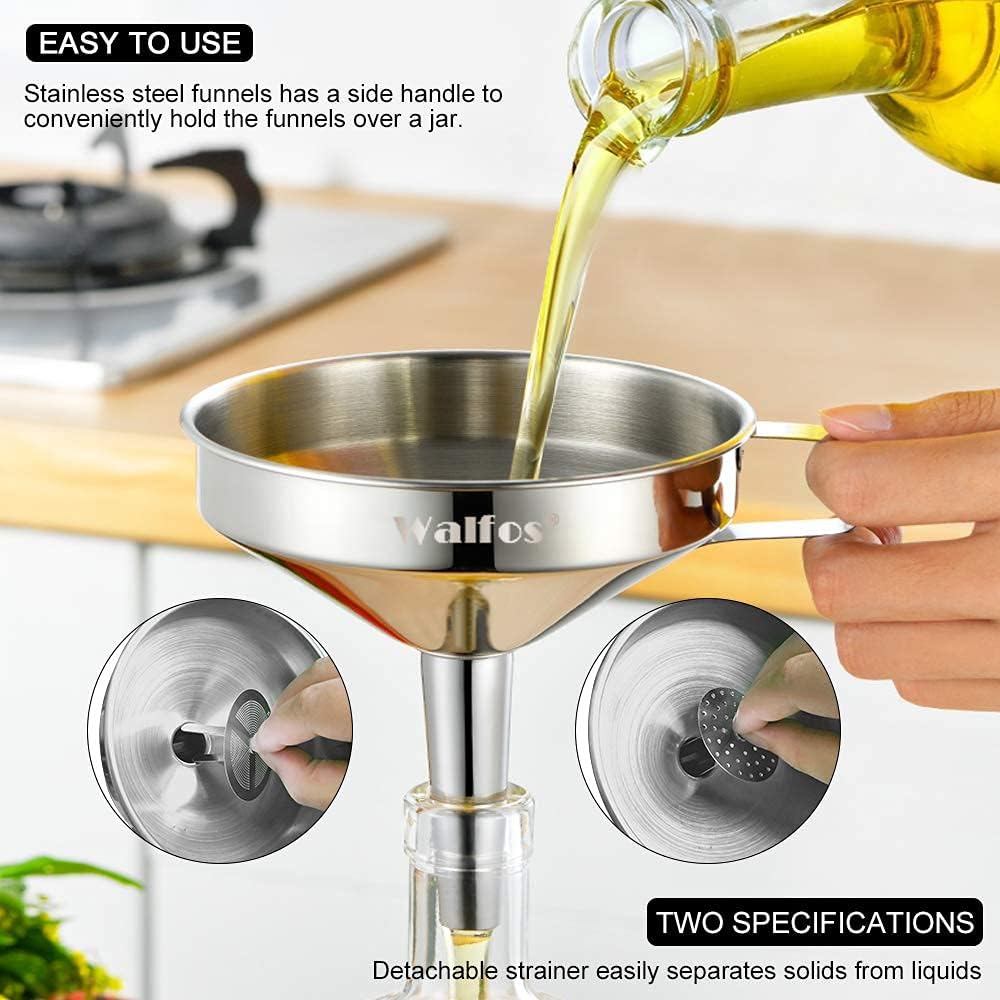 Large Stainless Steel Funnel, Walfos Kitchen Funnel with 2 Removable Strainer ＆ 1Pc Cleaning Brush, Perfect for Transferring of Liquid, Oils, Jam, Dry Ingredients & Powder (Big, 5.7")