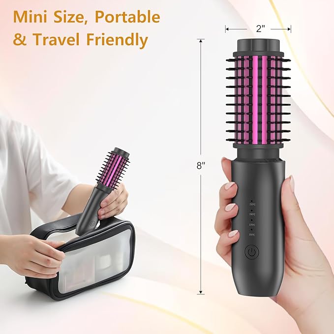 Cordless Hair Curling Iron Brush, Travel Hot Straightener Comb Curl Brush, 3-in-1 Portable Curling Iron Cordless Wand, USB Rechargeable Curling Wand-Blush(Gray)