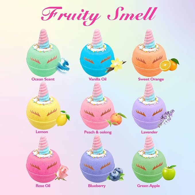 Unicorn Bath Bombs for Kids, 9 Large Kids Bath Salts with Squishy Toys Inside, Magic Unicorn Bath Balls with Surprise Inside for Girls…