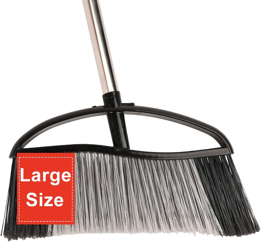 Heavy Duty Outdoor Broom - 15.7'' Wide, Long Handle, Angle Broom with Stiff Bristles for Patio, Garden, Garage, Yard (Black)