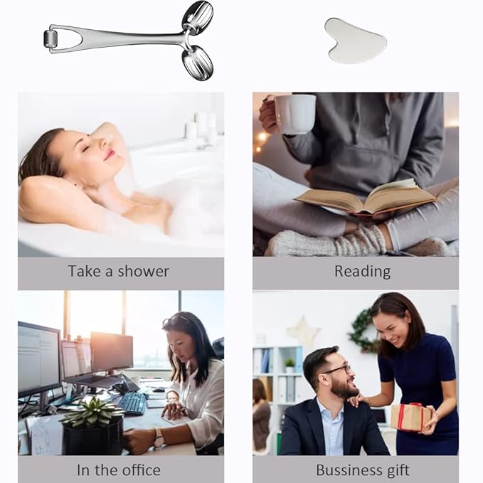 Yeamon Gua Sha Facial Tools and Face Roller Set, Facial Massage Tool for Women’s Skincare Routine,Cooling Stainless Steel Face Sculpting Eyes Roller Guasha for Daily Use or Self-Care Gift for Women