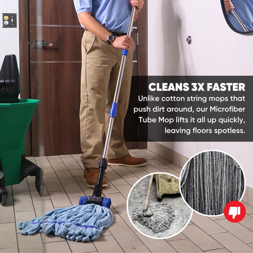 Commercial Mop Head Replacement – 1 Pack Blue Medium Microfiber Tube Mop (14 oz.) | Industrial Wet Mops | Refill Heads, Machine Washable, Heavy Duty | Hardwood, Tile, Laminate, Vinyl Floors
