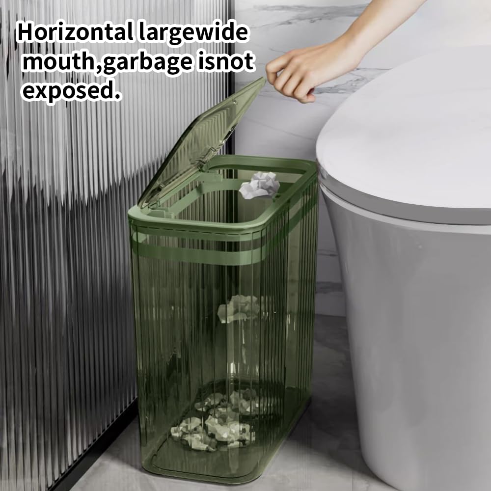 Transparent Trash Can, Bathroom Trash Cans with Lids, 3.5 Gallon Garbage Can for Bedroom, Office, Plastic Slim Waste Basket with Press Top Lid, 15L Clear Trash Bin for Home, Kitchen (Green)