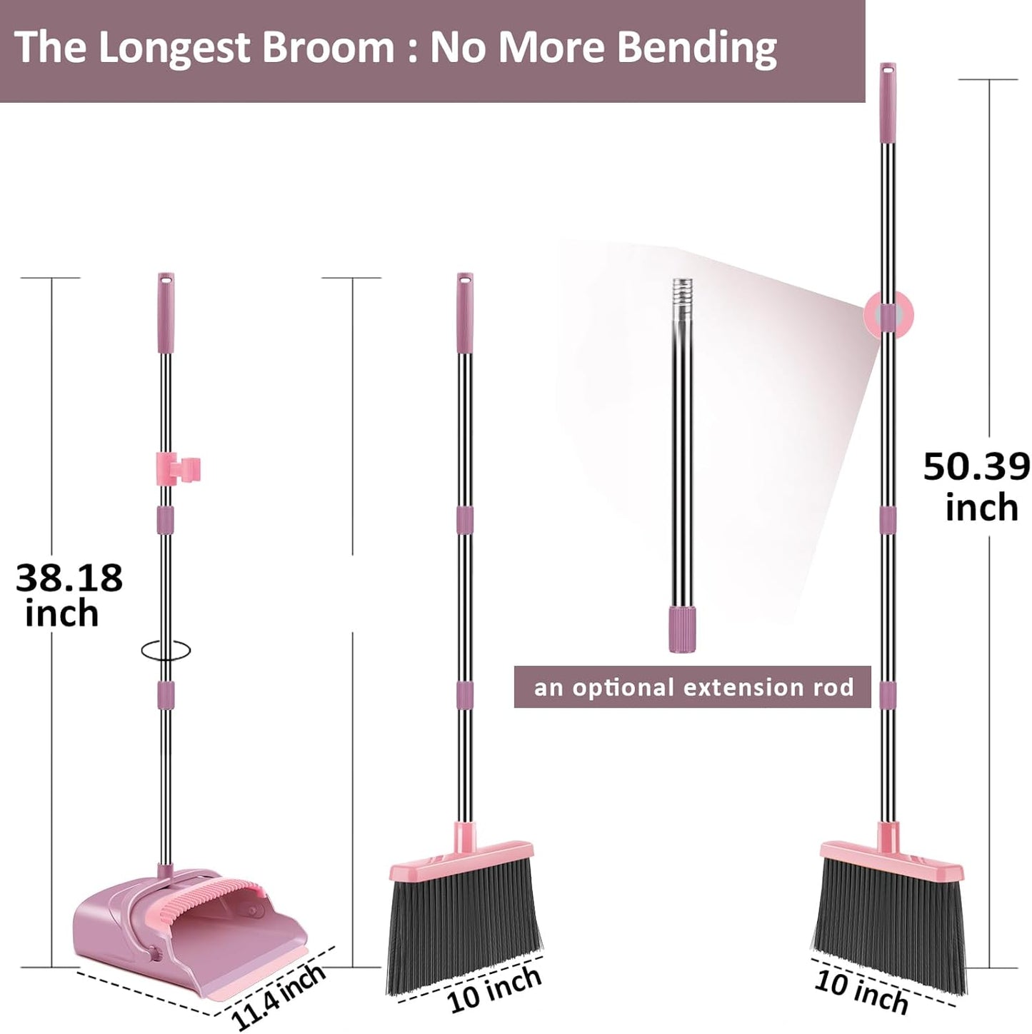 kelamayi Broom and Dustpan Set for Home, Office, Indoor&Outdoor Sweeping, Stand Up Broom and Dustpan (Pink)