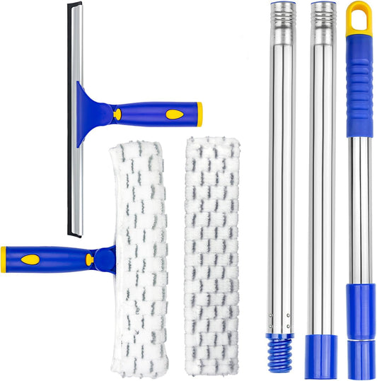 ITTAR Window Squeegee with 2 Sets Stainless Steel Pole, Squeegee Cleaning Tools with Microfiber Pads, 60"-72" Telescopic Window Washing Kit, Professional Squeegee Cleaner for Home Car Outside Glass