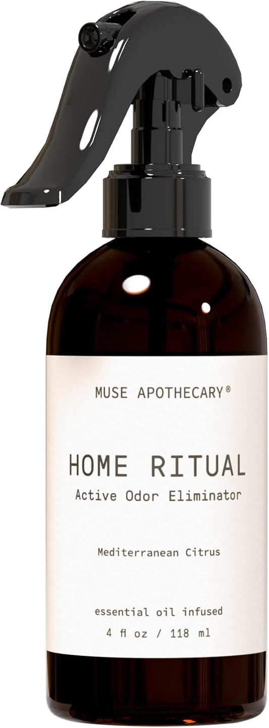 Muse Apothecary Home Ritual Active Odor Eliminator Spray - Furniture Deodorizer Spray & Bathroom Odor Eliminator for Home - Essential Oil Air Freshener - 4oz, Mediterranean Citrus