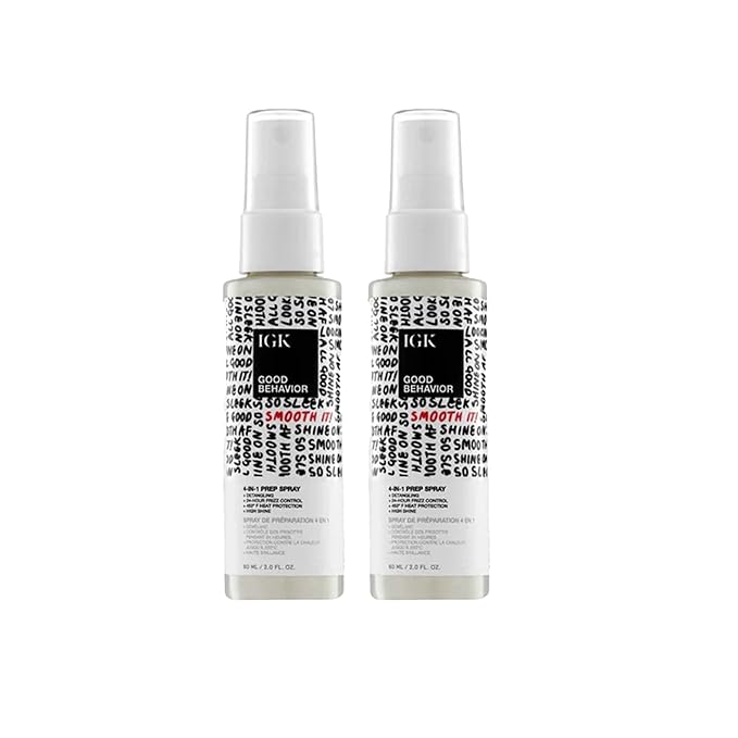 IGK GOOD BEHAVIOR 4-in-1 Prep Spray Travel Size | Gently Detangles, Controls Frizz for 24 Hours, Heat Protection & Shine | Weightless Formula for Smooth Hair | 2.0 Fl Oz (Pack of 2)