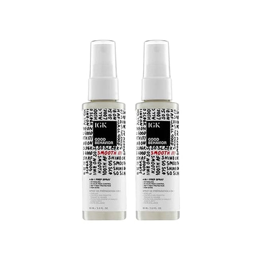 IGK GOOD BEHAVIOR 4-in-1 Prep Spray Travel Size | Gently Detangles, Controls Frizz for 24 Hours, Heat Protection & Shine | Weightless Formula for Smooth Hair | 2.0 Fl Oz (Pack of 2)