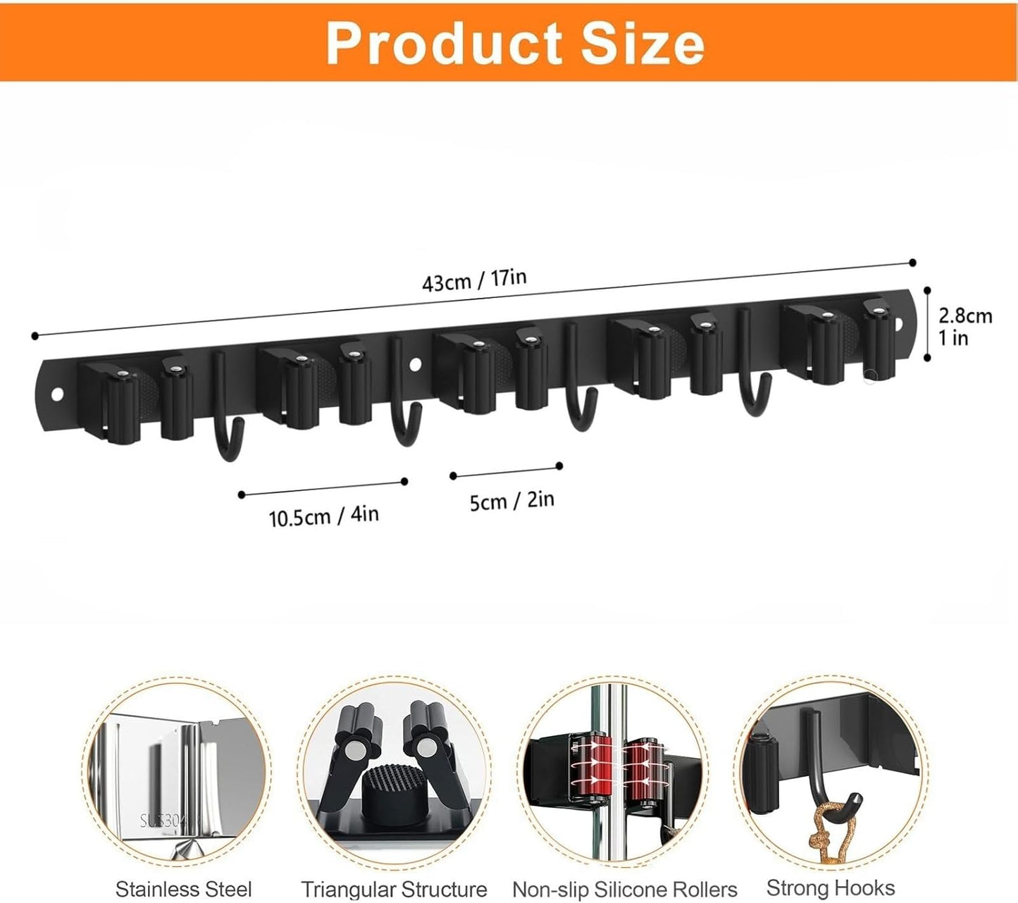 2 Pack Mop and Broom Holder Wall Mount, Non-slip Broom Hanger Wall Mount, Heavy Duty Mop Broom Organizer for Kitchen Garden Garage Laundry Room Wall Decor Organization and Storage Black 5R4H