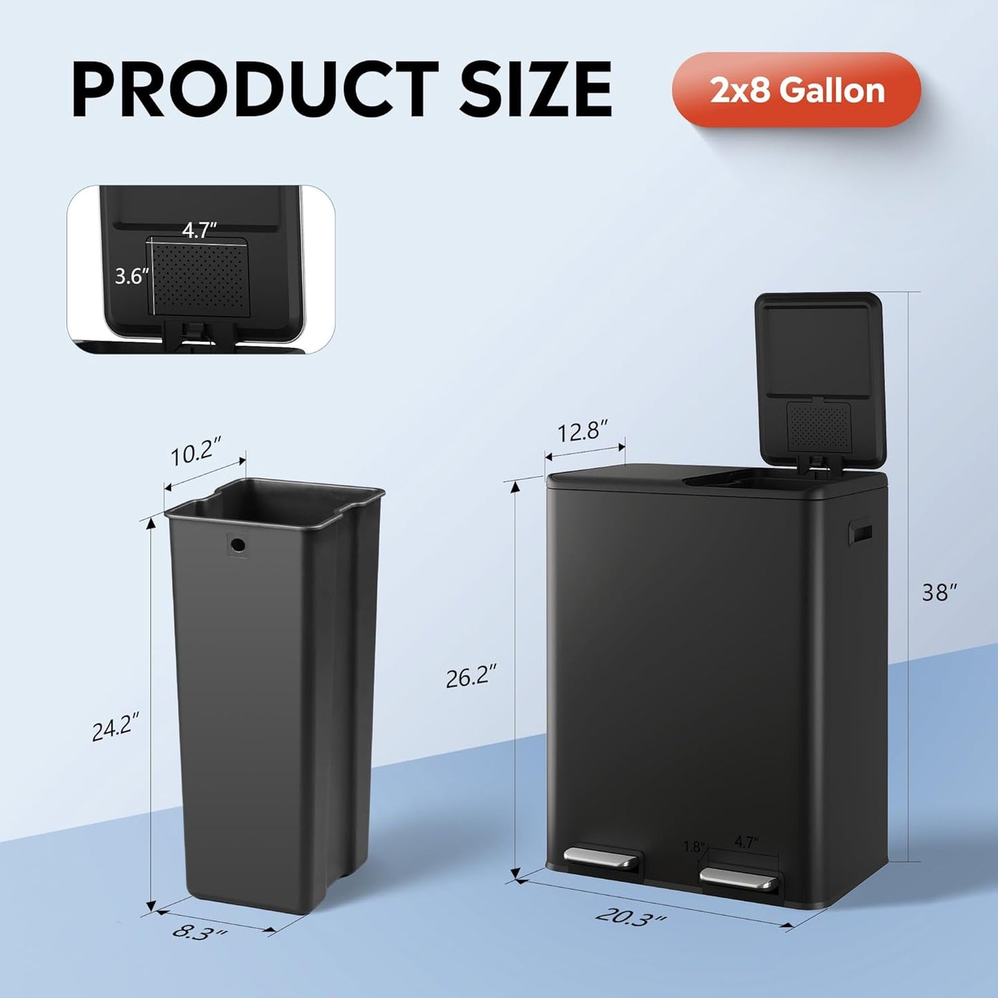 WLIVE Dual Trash Can, 2 x 8 Gallon (2 x 30 L), Step Trash Can with Lid with Inner Buckets, 2 Compartment, Heavy-Duty Stainless Steel Gabage Can for Kitchen with 15 Trash Bags, Black