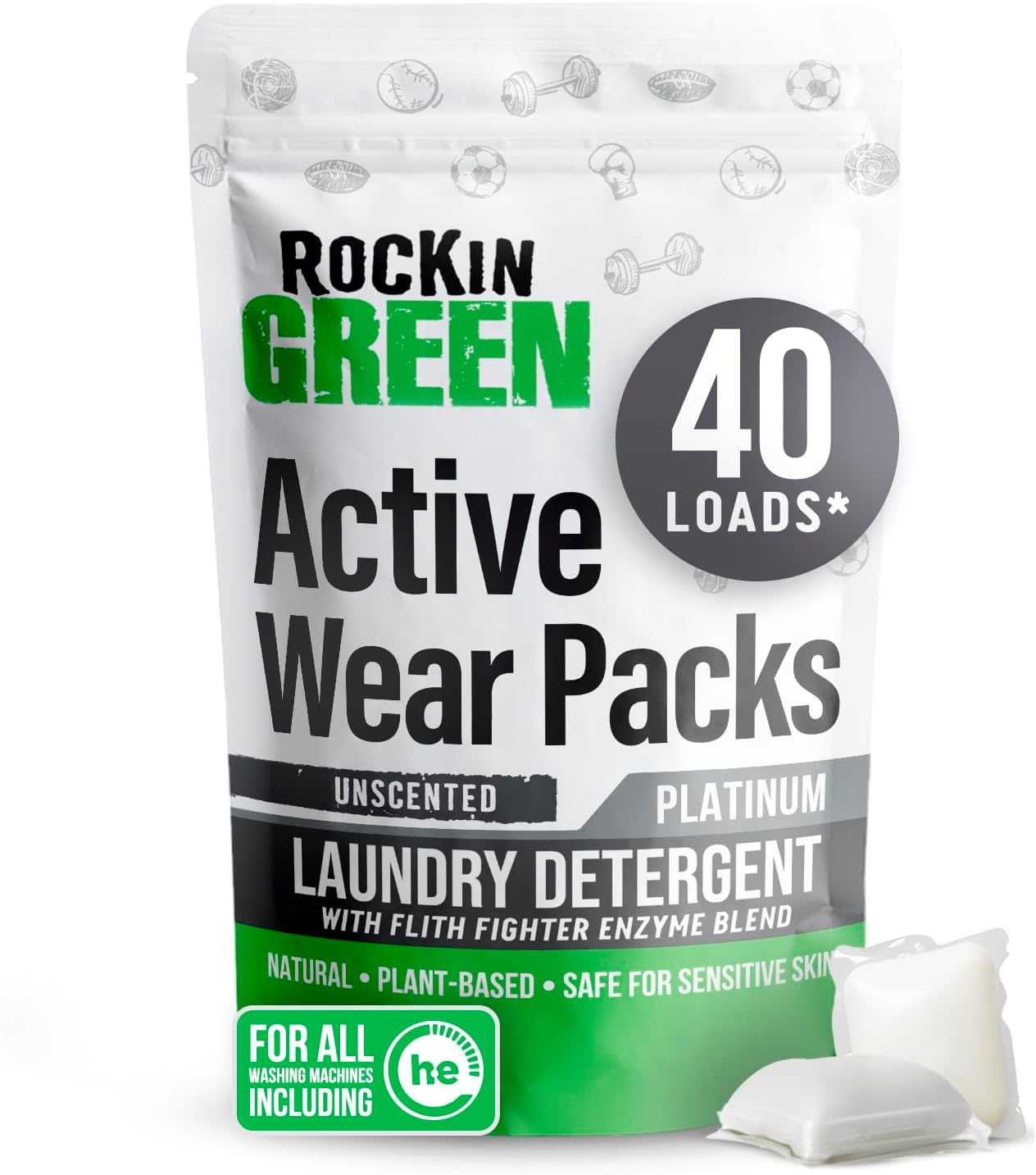 Rockin' Green Laundry Detergent Pods, Plant-based, All Natural, Vegan & Biodegradable Odor Fighter, Safe for Sensitive Skin (Unscented, Active Wear 40 Pods)