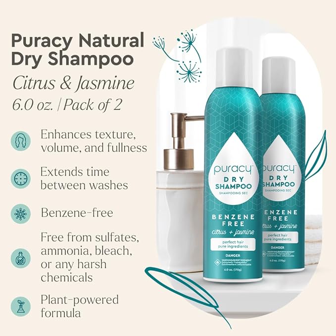 Puracy Natural Dry Shampoo For Women - Plant-Powered Cleansing Volumizing Revitalizing Dry Shampoo As Seen on TikTok, Benzene-Free, Non-Toxic, Oil Absorbing for All Hair Types (Citrus & Jasmine, 12oz)