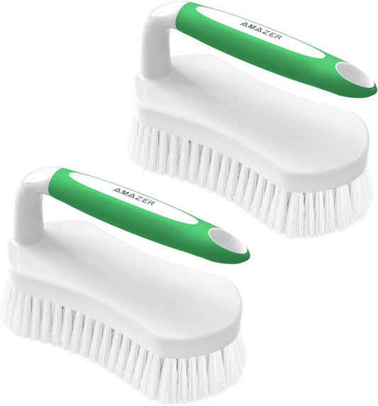 Amazer Scrub Brush for Cleaning Comfort Grip Shower Scrubber Stiff Bristles with Handle Heavy Duty Cleaner Brush for Tub Sink Carpet Floor - Pack of 2 (Green+Green)
