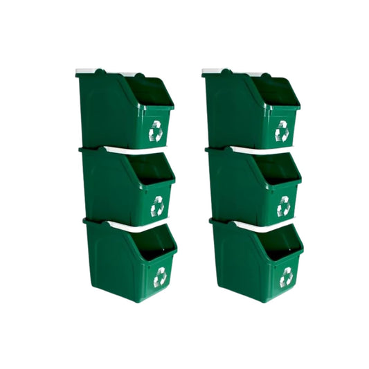 Multi Recycling Bin System with Three Stacking 6 Gallon Bins with Carrying Handles, Stackable and Compact for Offices, Homes, Garages, Businesses - (Green, 6 Pack)