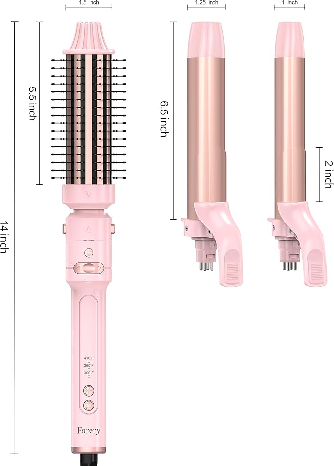 FARERY 1/1.25/1.5 inch Rotating Curling Iron Curling Brush Set, Automatic Curling Iron Heated Round Brush for Long Hair, Create Gorgeous Curls & Waves, Adjustable Temperature 300-410℉, Auto Shut-Off