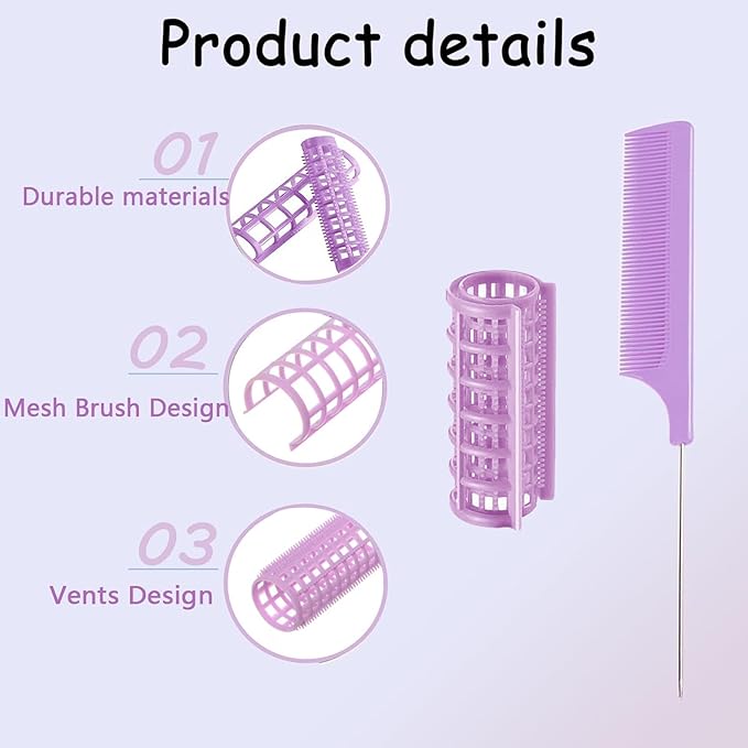 24PCS Plastic Hair Rollers Curlers Set, 0.8Inch/2cm Snap on Rollers for Fine Thin Hair Heatless Curler Self Grip Roller with Mini Comb for Women/Men Medium Short Hair (Purple)