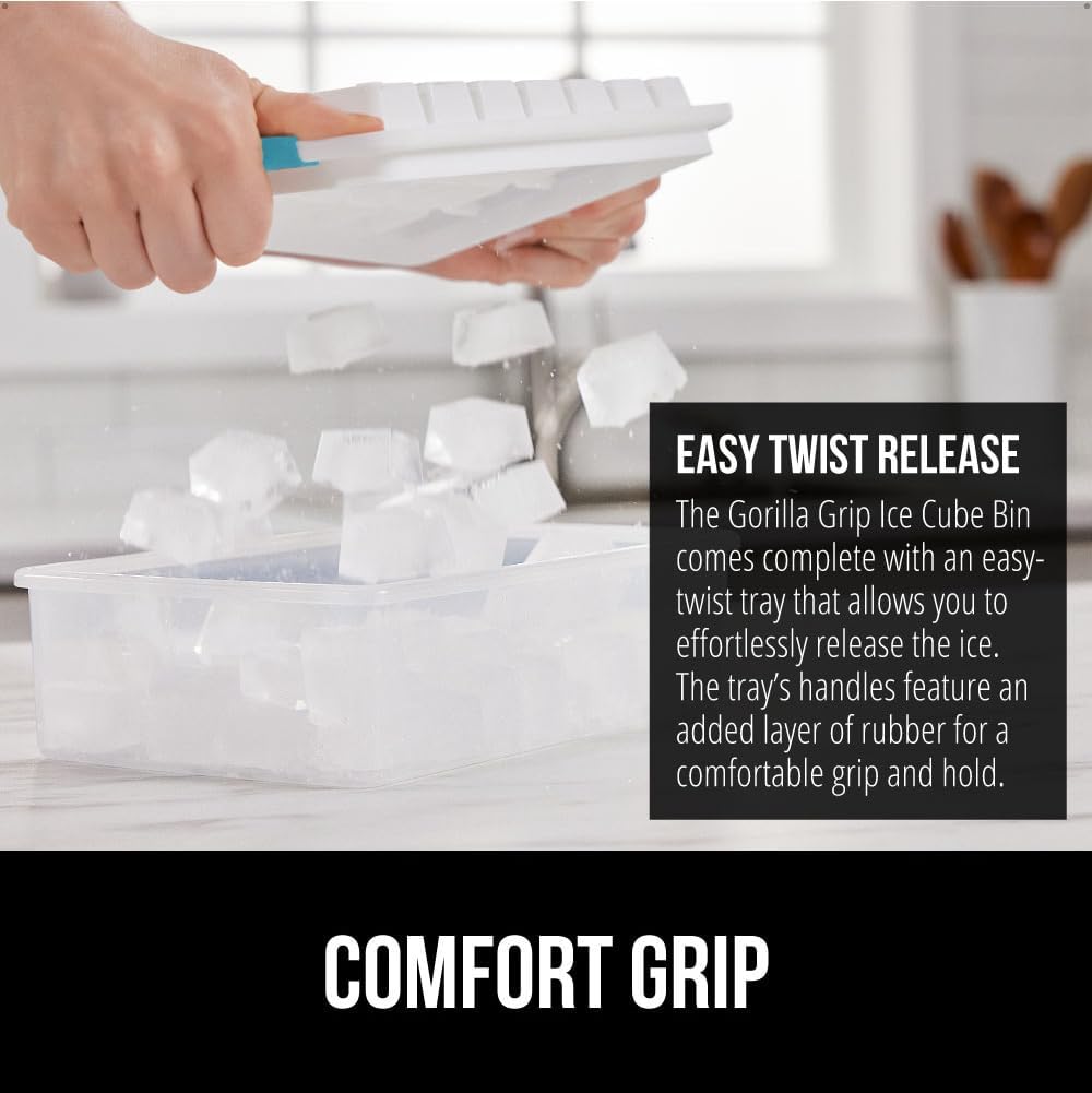 GORILLA GRIP Stackable Ice Cube Tray and Bin Set for Freezer, Includes 2 Trays with Lid and Scooper, Easy Release, Makes 56 Cubes, Cocktail Soda Coffee, Leak Proof Bucket Kit, Kitchen Tool, Turquoise